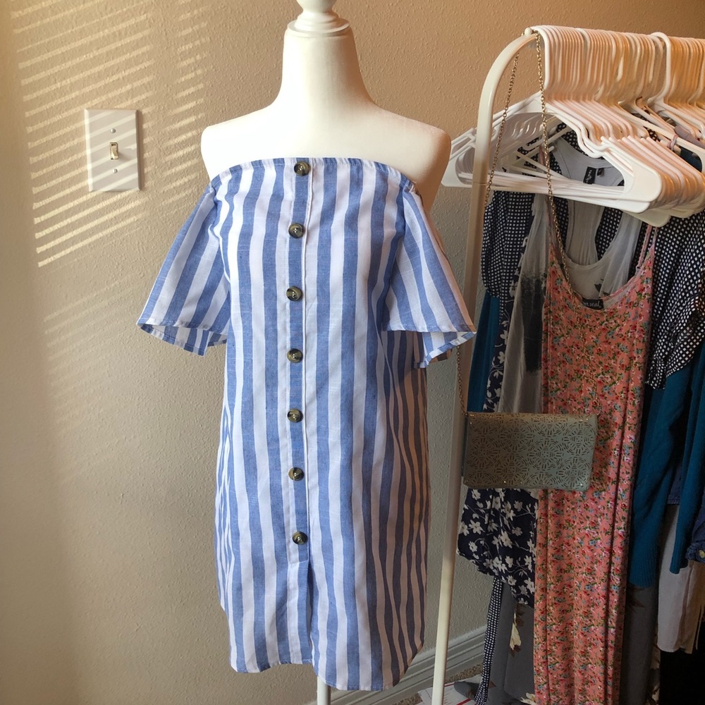 STRIPED BLUE OFF SHOULDER DRESS
